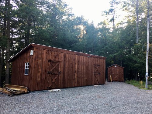 Stained Board & Batten Barn & Matching Garden Shed