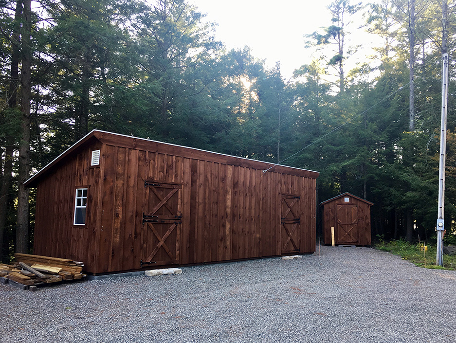 Stained Board & Batten Barn & Matching Garden Shed